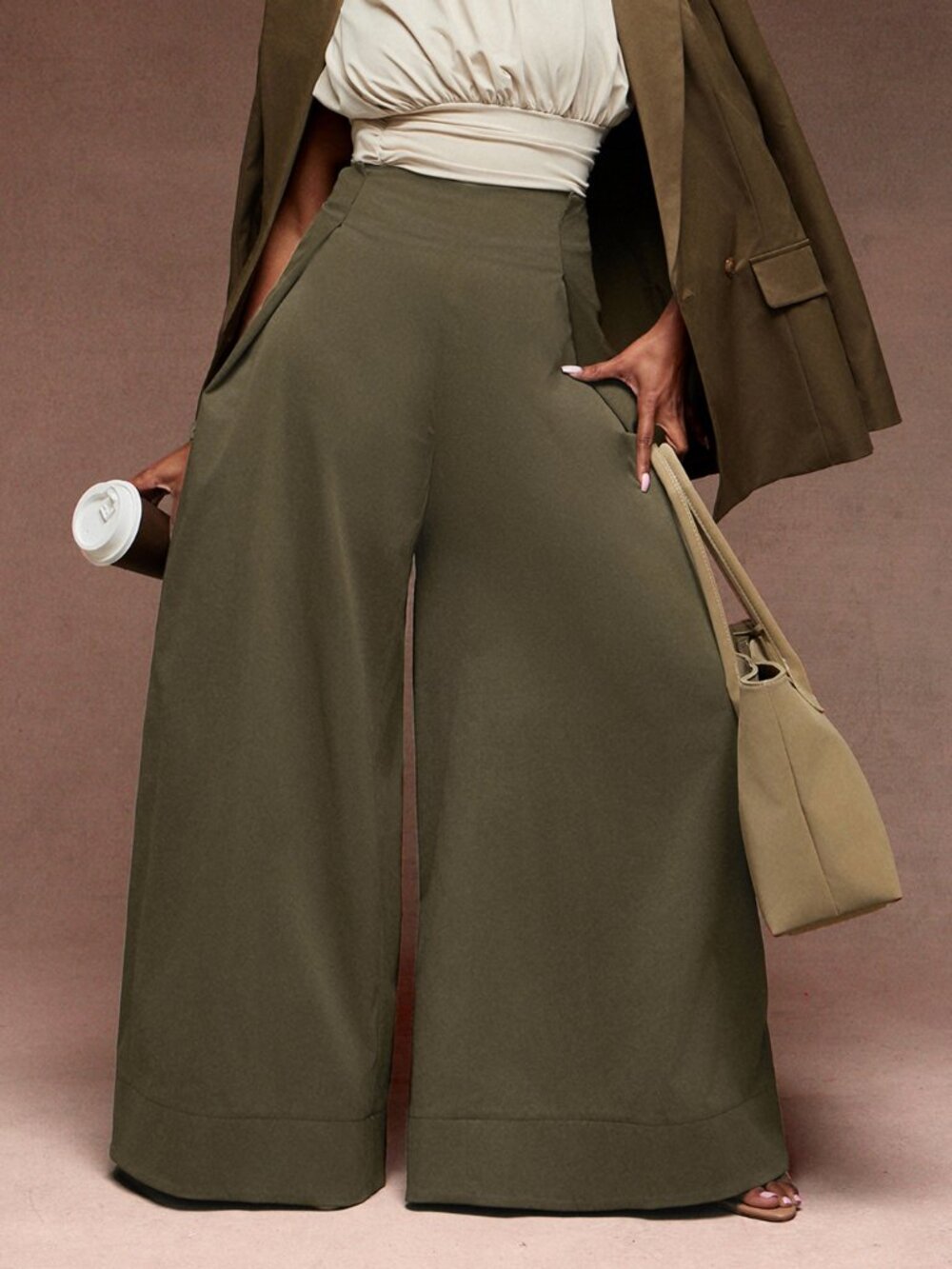 Olive Green Elegant Women's Woven High Waist Pleated Wide Leg Pants